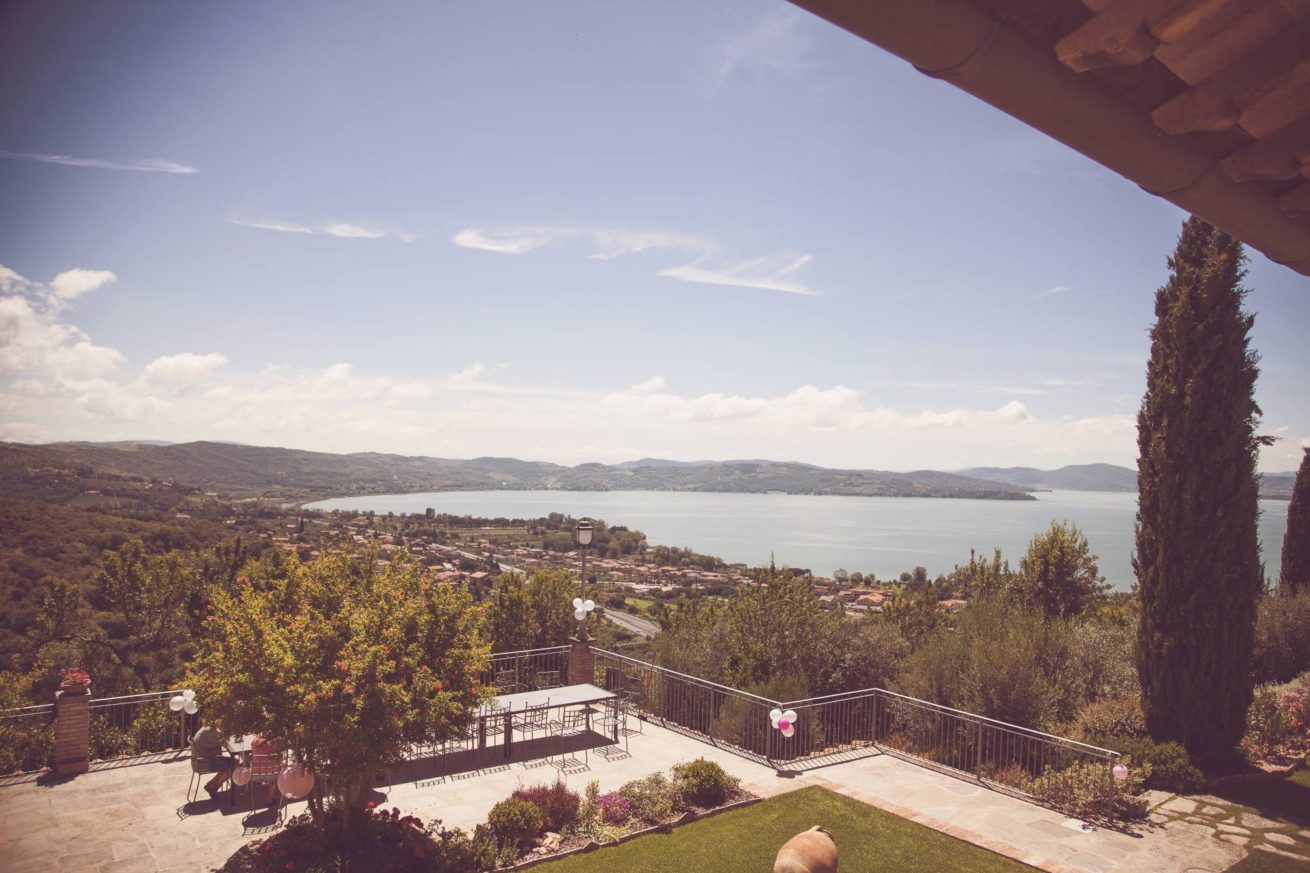 View of Lake Trasimeno and terrace from Exclusive weddings villa Italy 1.